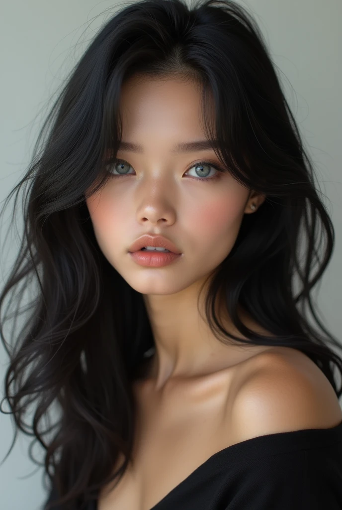 Black hair Instagram model with pretty face and gray eyes