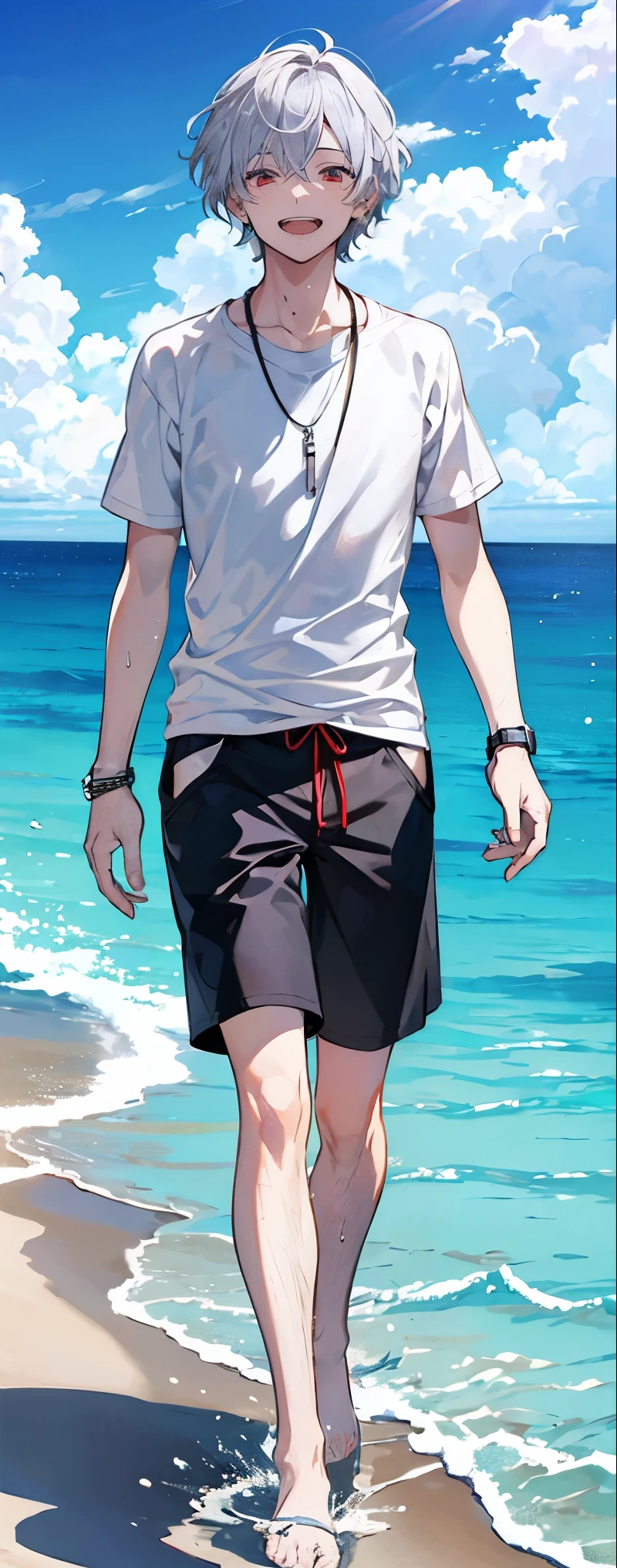 High resolution, High resolution,2D Anime Style,,Cool guy,mature,,20th Generation,short hair,Silver Hair,Wet Hair,hair band,Red eyes,Beautiful Watches,Beautiful earrings,Beautiful Necklace,Swimwear and shirt,He is laughing a little,noon,walk,Ocean,Topless,whole body