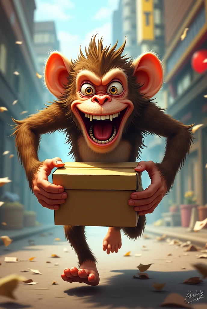 monkey with a box in his hands mad crazy runs
