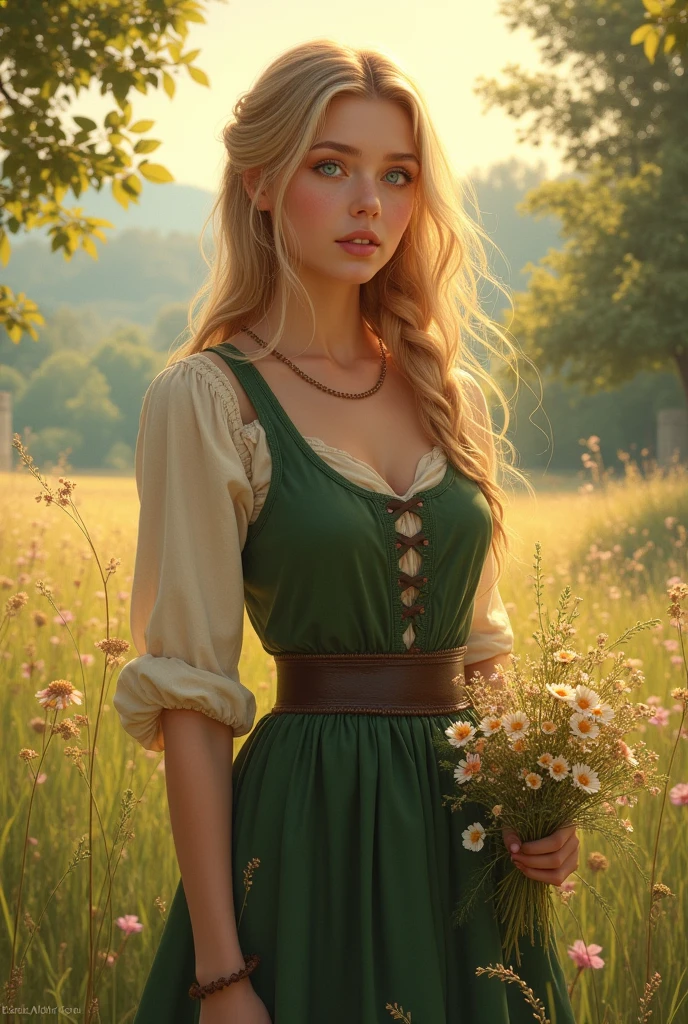Envision a woman standing in a sun-dappled meadow on the outskirts of a medieval village, surrounded by wildflowers and tall, gently swaying grasses. Her long, blonde hair is loosely braided, with a few soft curls escaping to frame her bright blue eyes. Her fair skin glows in the golden light of the late afternoon sun, with a natural flush of pink on her cheeks. She is dressed in the simple yet charming attire of a village maiden: a cream-colored linen blouse with a modest but open neckline, revealing just a hint of her generous cleavage. Over it, she wears a deep green, worn but well-fitted bodice that accentuates her curvy figure. Her skirt is a patchwork of earthy tones, flowing down to her ankles, though it’s slightly lifted by the breeze, giving a glimpse of her thick, shapely legs.
The meadow is filled with the fragrance of blooming flowers, and the distant sound of a babbling brook adds to the serene atmosphere. A gentle breeze rustles the leaves of nearby trees, and birds sing sweetly from their branches. Her blue eyes are soft and full of longing as she gazes toward the horizon, where the sun begins to dip, casting a warm, golden glow over the landscape. Her posture is relaxed yet graceful, one hand lightly clutching a small bouquet of wildflowers, the other resting on her hip as she breathes in the tranquility of the moment.
Despite the simplicity of her attire, there is a quiet, romantic allure in her presence, enhanced by the natural beauty surrounding her. The scene is one of peaceful intimacy, where the gentle charms of the countryside blend with the subtle, captivating beauty of the village maiden, creating a moment of timeless romance.