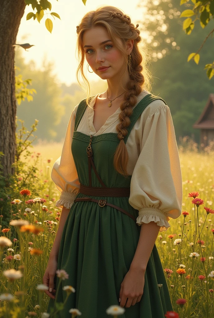 Envision a woman standing in a sun-dappled meadow on the outskirts of a medieval village, surrounded by wildflowers and tall, gently swaying grasses. Her long, blonde hair is loosely braided, with a few soft curls escaping to frame her bright blue eyes. Her fair skin glows in the golden light of the late afternoon sun, with a natural flush of pink on her cheeks. She is dressed in the simple yet charming attire of a village maiden: a cream-colored linen blouse with a modest but open neckline, revealing just a hint of her generous cleavage. Over it, she wears a deep green, worn but well-fitted bodice that accentuates her curvy figure. Her skirt is a patchwork of earthy tones, flowing down to her ankles, though it’s slightly lifted by the breeze, giving a glimpse of her thick, shapely legs.
The meadow is filled with the fragrance of blooming flowers, and the distant sound of a babbling brook adds to the serene atmosphere. A gentle breeze rustles the leaves of nearby trees, and birds sing sweetly from their branches. Her blue eyes are soft and full of longing as she gazes toward the horizon, where the sun begins to dip, casting a warm, golden glow over the landscape. Her posture is relaxed yet graceful, one hand lightly clutching a small bouquet of wildflowers, the other resting on her hip as she breathes in the tranquility of the moment.
Despite the simplicity of her attire, there is a quiet, romantic allure in her presence, enhanced by the natural beauty surrounding her. The scene is one of peaceful intimacy, where the gentle charms of the countryside blend with the subtle, captivating beauty of the village maiden, creating a moment of timeless romance.