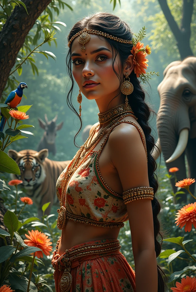 high quality, 8K Ultra HD, beautiful Indian girl sexy hot and beautiful pictures in jungle with animals and birds and plants , lion, tiger , elephant , rabbit, peacock,pearot