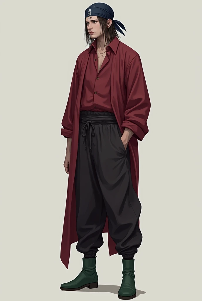 A man in a long dark red shirt that goes down to his knees and is closed at the waist ,with sweatpants, a green ankle boot, with a dark blue bandana on his head and a phrase written on his forehead love in Japanese