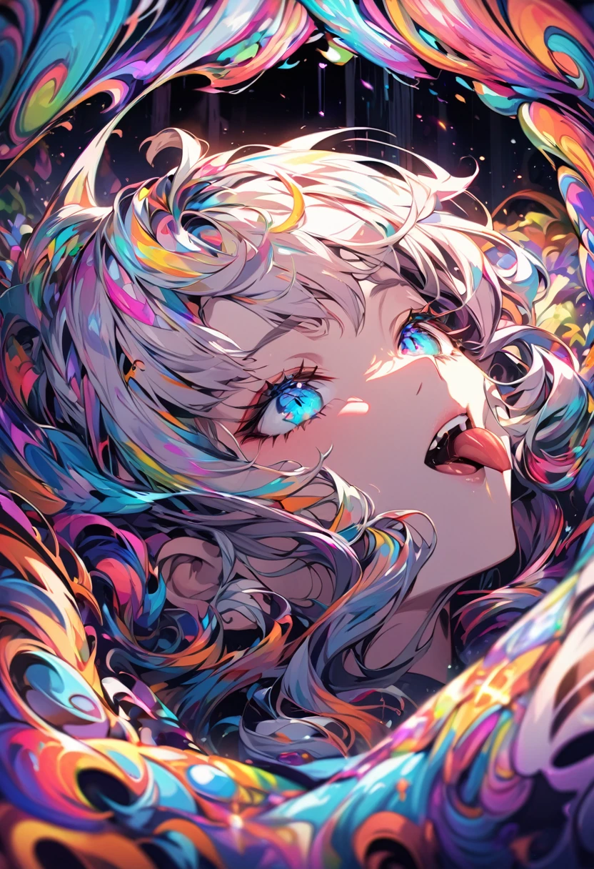 Detailed psychedelic dream with a beautiful girl with her tongue out and her eyes rolled back having a convulsion in the middle of the image and in the background a dark place