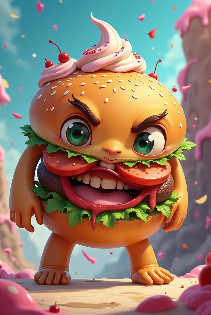 Monster burger with a face and an ice cream body