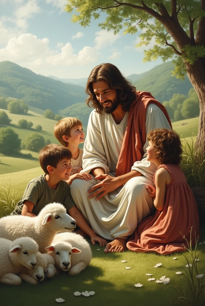 Jesus playing with children and baby sheep around