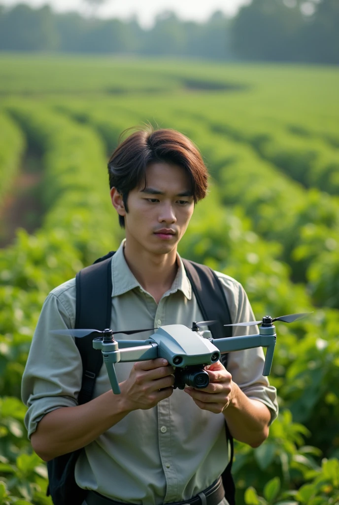 Man of approximately 20 years old using drone in plantations