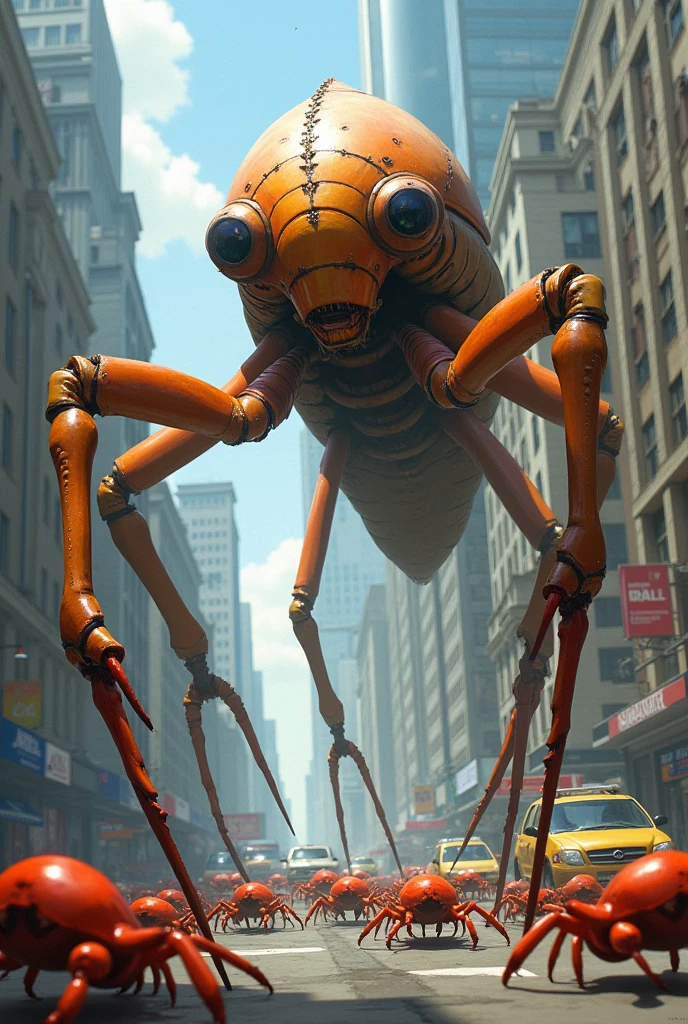 Long legged insect in the city fighting mini crabs