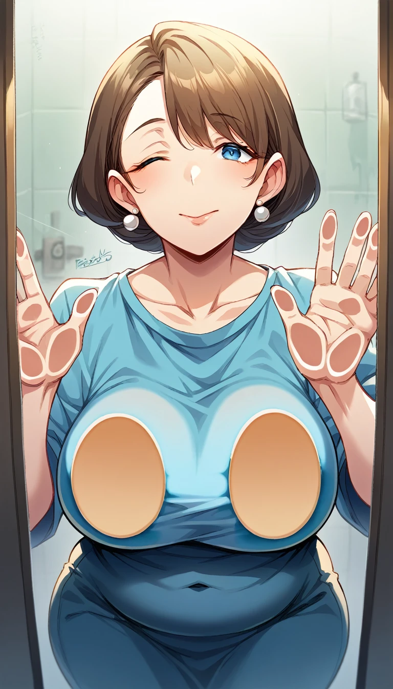 against the fourth wall, against glass, blue colored eyes, hair blue, bangs straight, pressure on the cheek, writing on glass, langerie, gazing at viewer, one eye closed, ssmile, 独奏, upperbody, single mom milf mature chubby curvy , ((very aesthetic, best qualityer, ultra detaild)), Classification: safe,