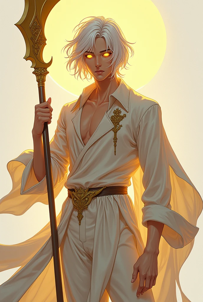 A full body image of a young adult male who is thin, half-heavenly with brown skin, shoulder-length white hair and pupil-less golden eyes, carrying a large, long golden sickle. made with anime lines.