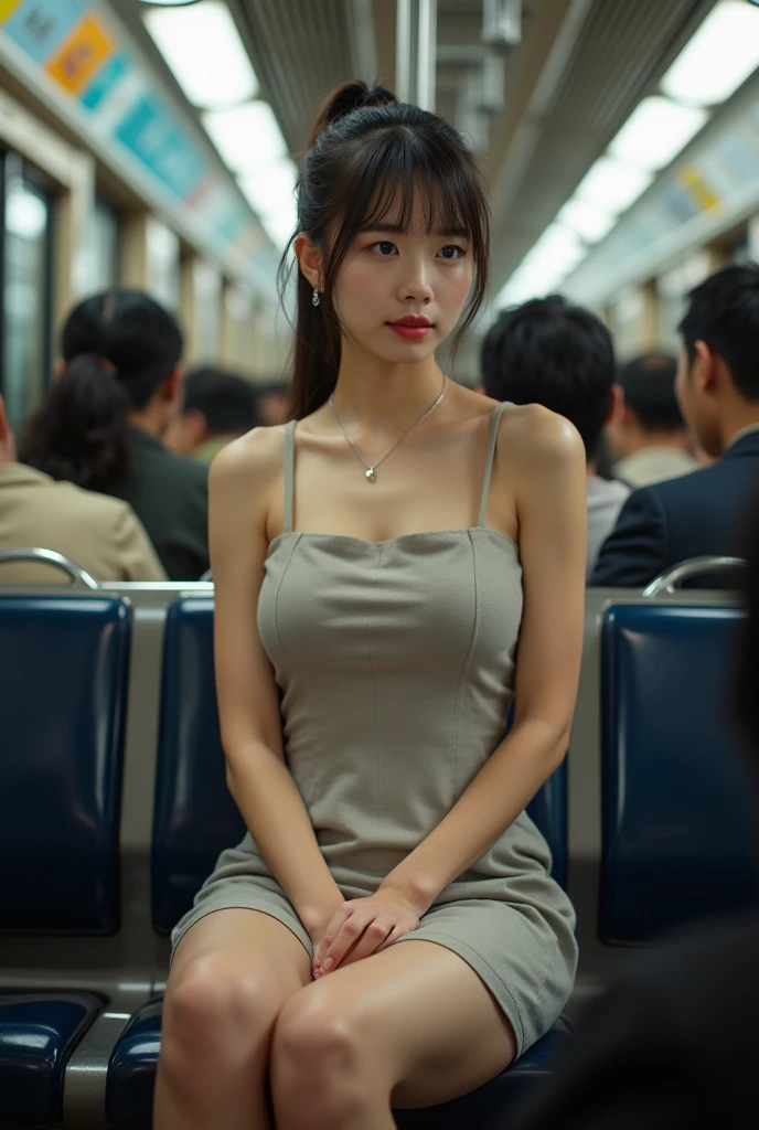 Actual photo、Highest image quality、Beautiful woman、Beautiful thighs、Beautiful Face、Uniform Ponytail、Japanese woman、short dress、inside a crowded subway、Sit in your seat、Front seat.