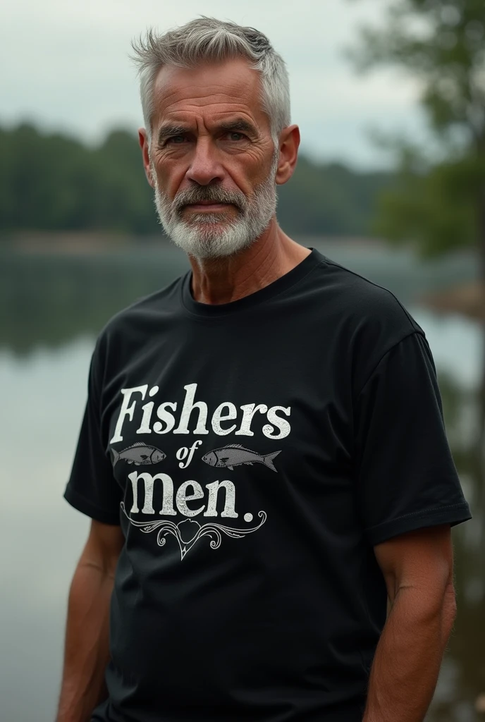 Man with black T-shirt with Fisher's of Men written on it
