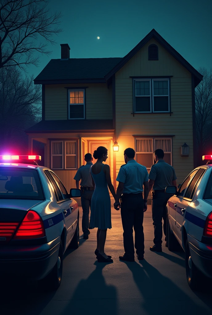 A nighttime scene outside, with police cars parked in front. Two women (Francisca Lavín and Antonia Necul) are being handcuffed by officers near the entrance of the house. The image could include a few officers, one possibly holding a flashlight, and the house in the background, partially illuminated by the police lights.