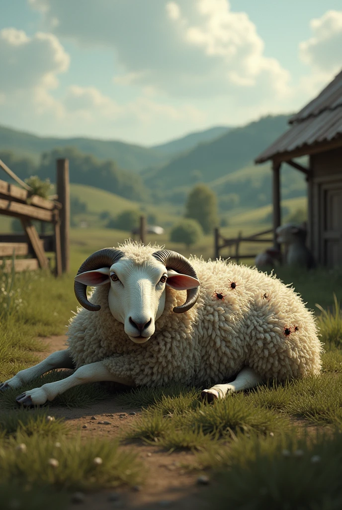 Image of a sick sheep lying on the farm full of ticks 8k