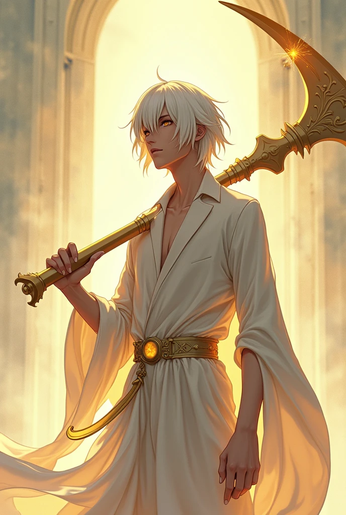 A full body image of a young adult male who is thin, half-heavenly with brown skin, shoulder-length white hair and pupil-less golden eyes, carrying a large, long golden sickle. made with anime lines.
