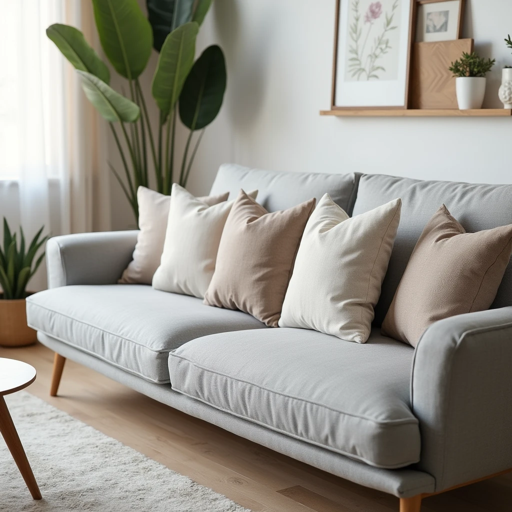 Kit with 4 plain decorative cushions for gray and white sofa, generate a distant photo to advertise on shopee
