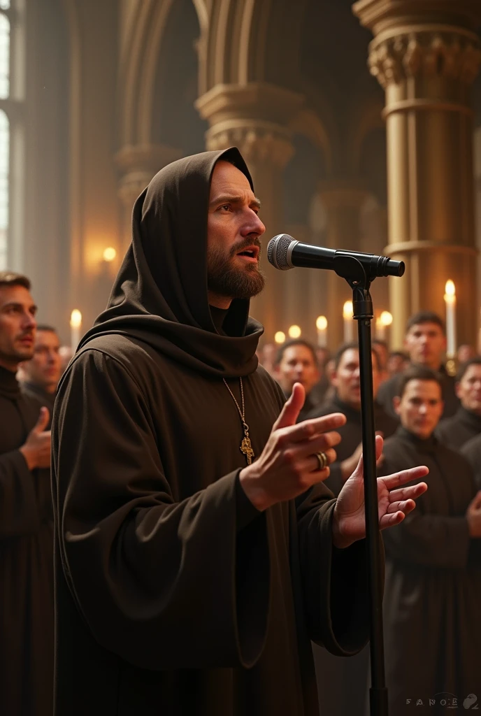 Saint John of the Cross in a brown habit singing in the choir with a microphone