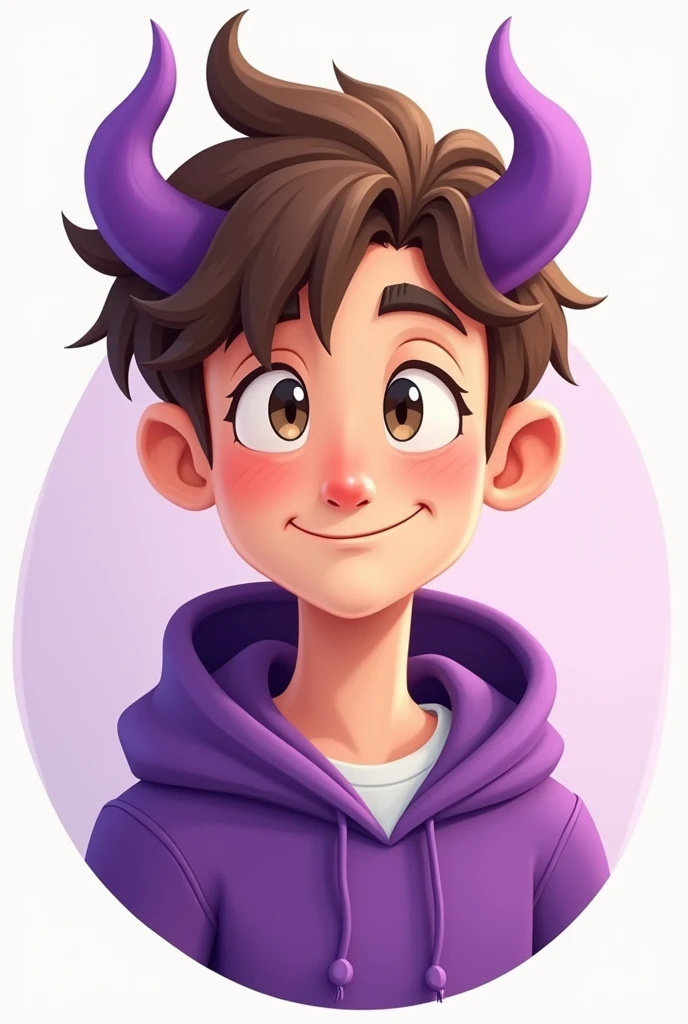 a logo for the profile picture of a male character with brown hair, purple hoodie, 2 purple horns, beige eyes, light skin with cartoon style