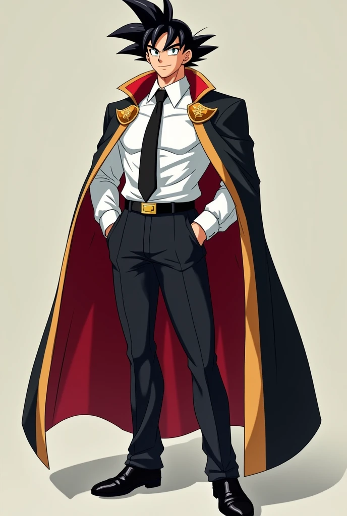 Make Goku with a white dress shirt, black tie, black dress pants, black belt and black shoes, make him smile and with normal shirt sleeves. Put a DeMolay cape on him keeping the original character model, the inside of the cover is red