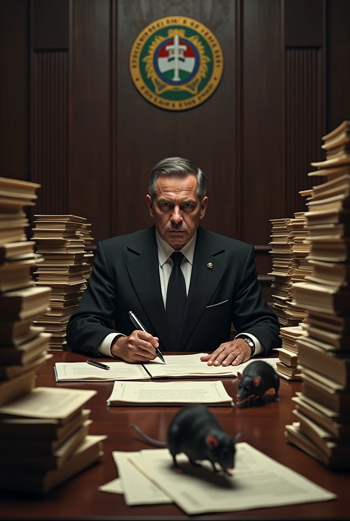 To create this image, imagine the scene of a minister of the Supreme Federal Court (STF) sitting at an imposing dark wood table, filled with stacks of legal documents and fancy pens. The minister is wearing a formal black suit with a dark tie and is signing documents with a serious and focused expression.. Ao redor da mesa, there are rats walking and climbing on the piles of papers, creating a disturbing contrast with the formal surroundings. The room is well lit, with walls lined with law books and a Brazilian coat of arms visible in the background.
The image will be created to capture this contrasting atmosphere between formalism and disorder..