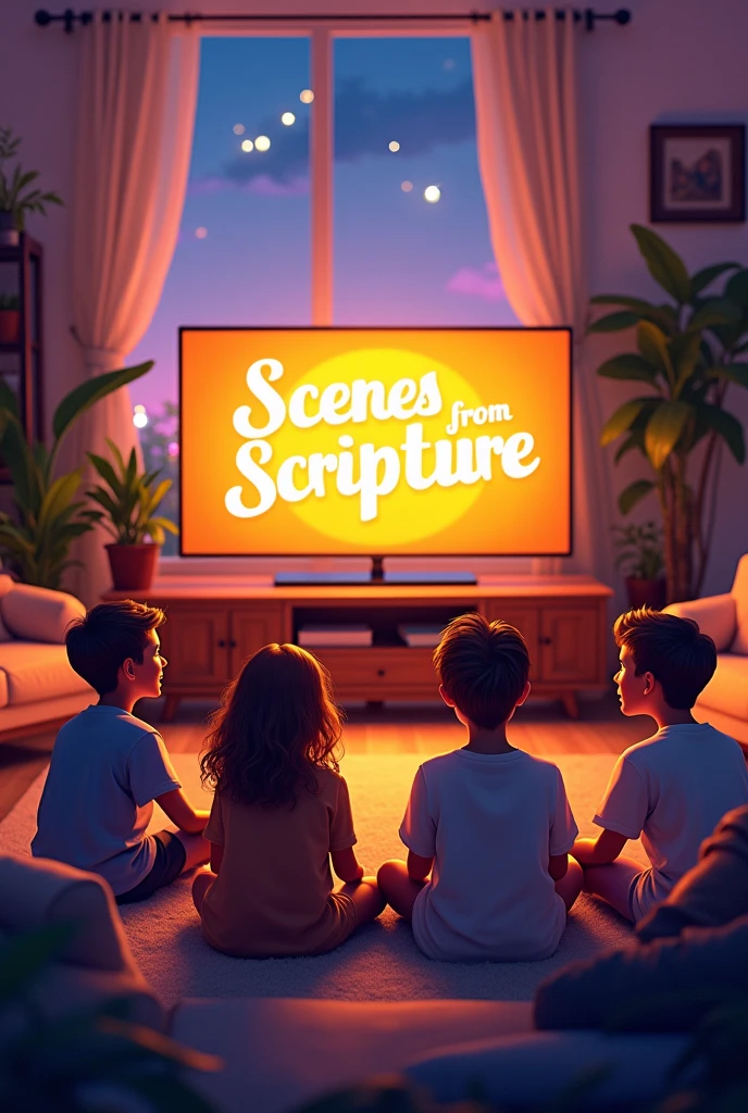 Create a realistic image of a cozy living room, where a group of excited people are gathered around a television. The expressions on their faces reflect excitement and fun as they watch the show.. The TV screen glows with the phrase "Scenes from Scripture" written like this ,highlighted in large, colorful letters. Ao fundo, you can see details of the room&#39;s decoration, like comfortable pillows, a soft rug and some plants, creating a welcoming and vibrant atmosphere. 