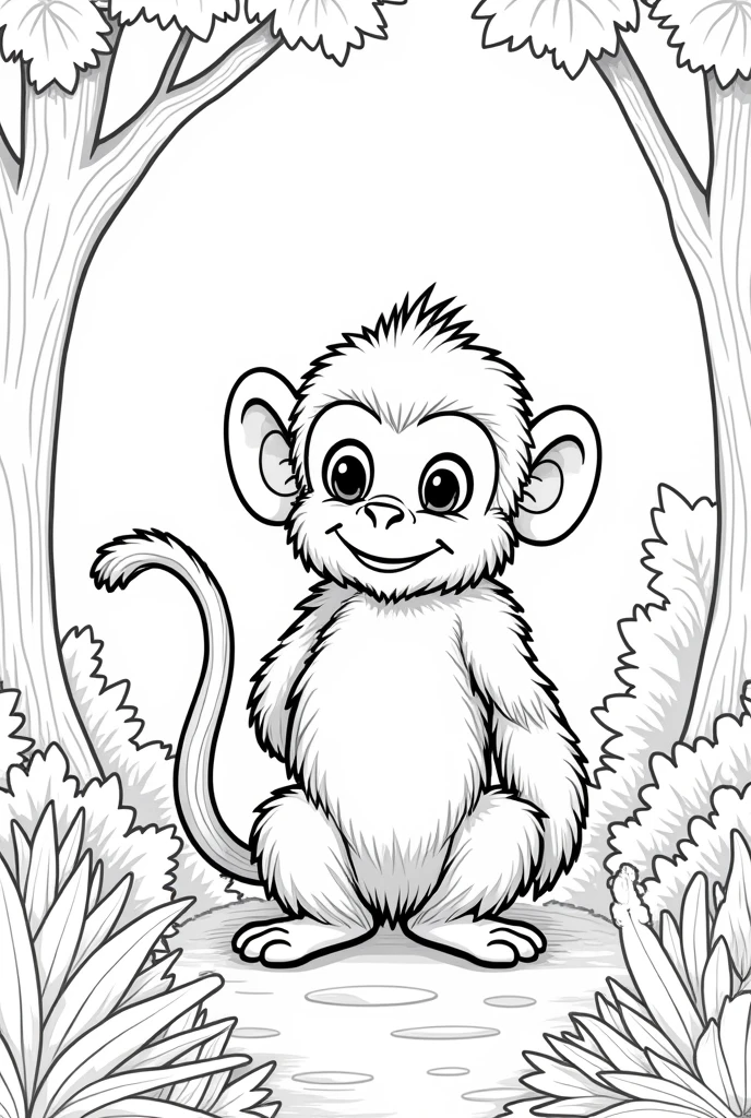 Black and white style illustration of a little monkey in the forest to color without shading cute