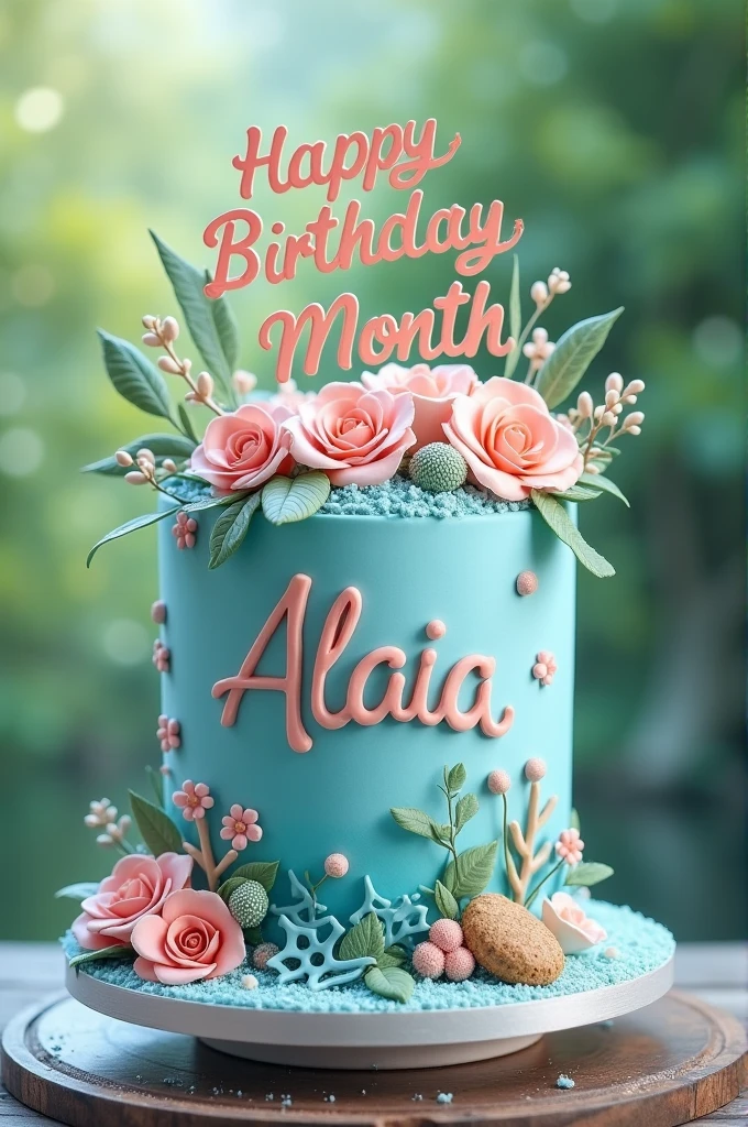 A cake that says happy birthday month with the name Alaia (sea lindo y aesthetic)