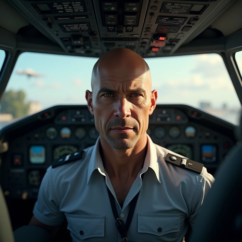 homme chauve pilote d'avion ,le regard vers nous