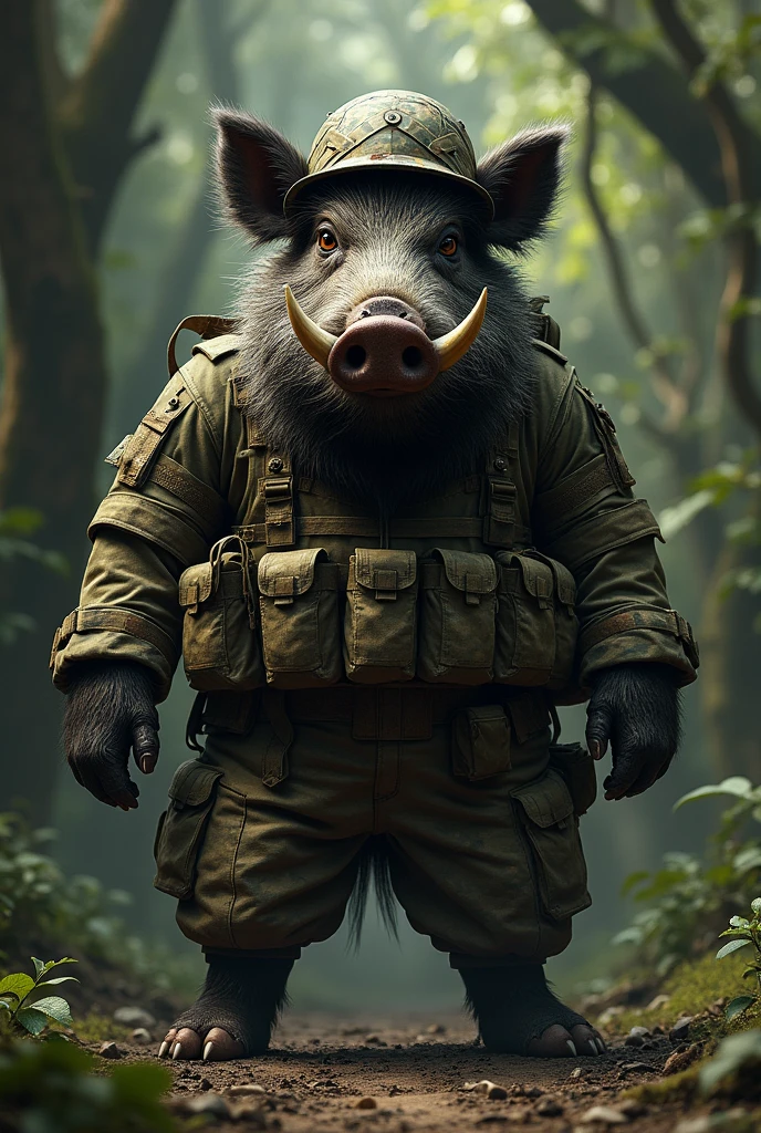 A wild boar dressed like a soldier