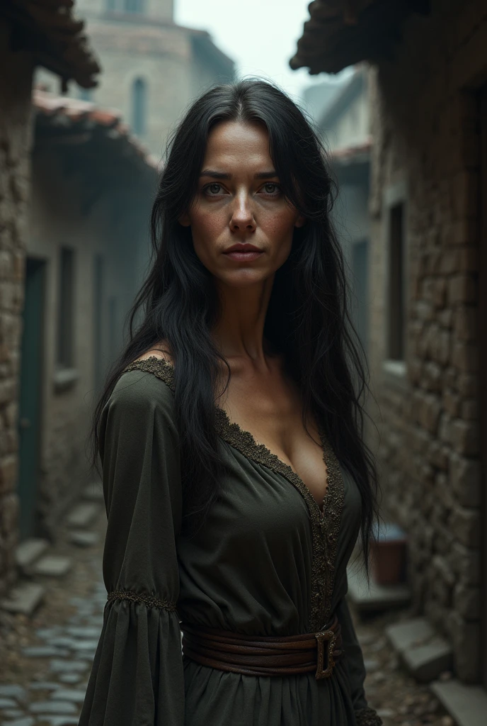 old mature slim mother, slum, cleavage, medieval era, clothed, black haired, medieval dress, long hair,