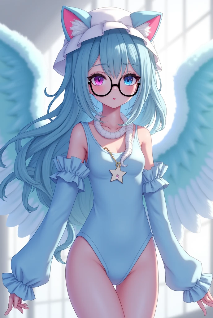 anime girl, pale white complexion, one blue eye and the other pink, big black glasses, white cat hat, pastel blue clothes tight to the body, large fluffy pastel blue wings, a white snake on the neck, a white star pin, cute 18 year old girl, Pastel blue hair, long and a little wavy