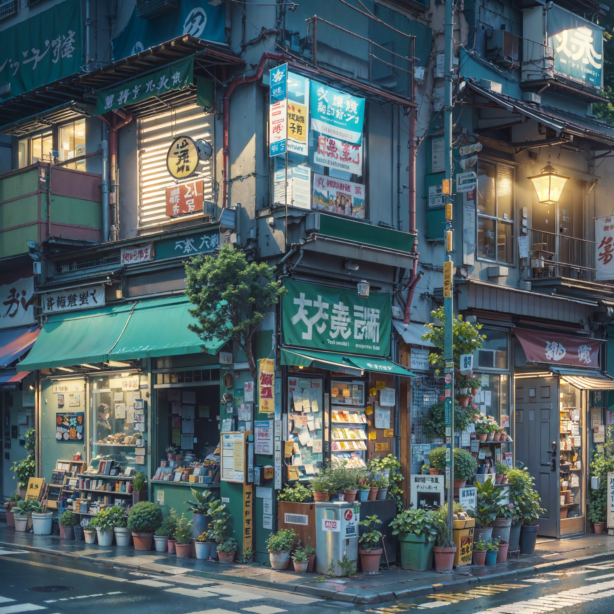 ((modern tokyo street corner 1.3)) , ((camera facing the corner of the street:1.2)), ((camera not close up:1.1)), detailed anime artwork, urban, tokyo anime scene, ((starry night sky : 1.0)), extra detailed, very detailed, japanese shop banners, plant pots, trash cans, anime style, anime, lofi, lofi vibe, ((best quality:1.5)), ((masterpiece:1.5)), ((highly detailed:1.3)), ((anime aesthetic:1.2)), ((no one: 1.2)), ((no people: 1.2))