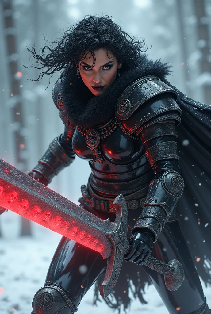 ((upper torso, armored female barbarian savage, battle worn black chrome gloss armor, fur, black cloak, ((((supermodel, triangularface, pointed chin)), short curly [glossblack hair:dark hair:0.7], black lips))), black eyes, blackout eyeshadow, iron tiara), braids, massive glowing red skull engraved sword, windy, outdoor frozen snow snowy forest, dynamic battle pose, lunging, side view
