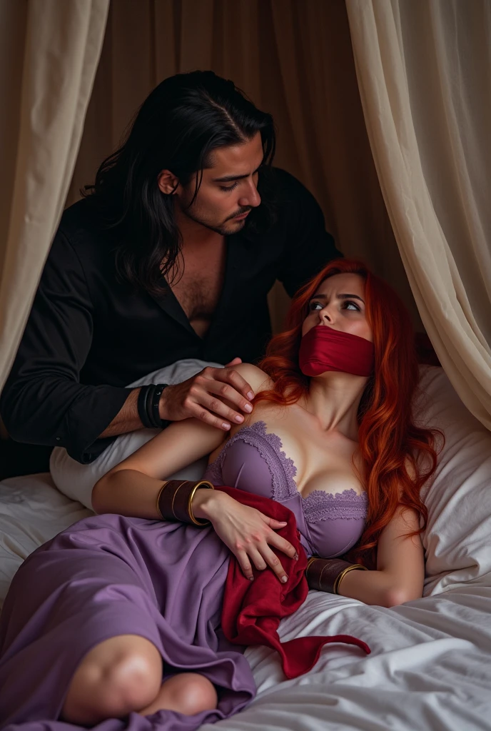 Cadre : une homme qui à attaché la fille qu'il aime a leur lit avec des cordes et un bâillon devant la bouche.
La fille : cette femme est couché dans un lit a baldaquin les poignet attachés et relié ensemble avec des bracelet en cuir. Elle est bâillonnée avec une echarpe en soie rouge afin qu'elle ne puisse pas parlé ou alerter quelqu'un. Ses cheveux etaient rouges,long et ondulés. Sa tenue etait une nuisette en soie violette. Sur son visage on voyait la peur.
L'Homme caresse le visage de la femme qu'il aime et par possession il l'a attaché et baillonnee pour qu elle ne puisse pas partir . Ses cheveux son longs,lisse et noir. Il est habillé d une maniere élégant. Chemise en soie noir pantalon noir egalement. Il regardé la femme avec affection et bienveillance il etait amoureux.