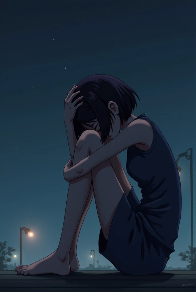  A girl sits hugging her legs and with her face hidden between them, with her hands she grabs her head, short hair, at night tmnt style 2012 3d side distant perspective png no background 
