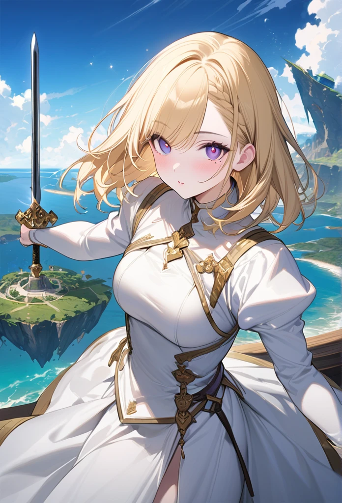 (One Woman),(Best image quality, 32K, masterpiece:1.3),((Blonde,Medium Hair:1.1)),(Swept-apart bangs,Braiding), (Cute eyes, Dark Eyes), (Detailed eyes),(Mole under right eye), (Standard weight), (Glowing Skin:1.1),(Pale skin:1.2),(A fantastic atmosphere),(look up),Ultra-high resolution, Textured skin, Sparkle Effect, adult,
Holy Knight,Paladin,White surcoat with gold decoration,Lock the curtains,
Legendary Sword,
world Tree,Floating Island,blue sky,Ocean,