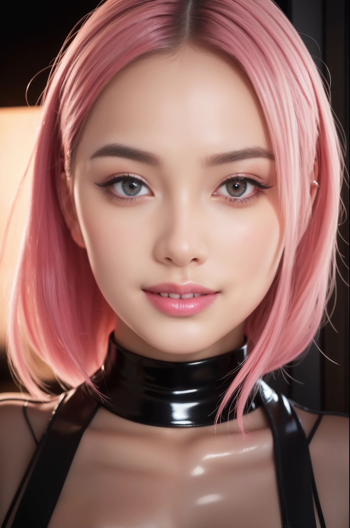 high quality, 8k, ultra-detailed, hyperrealistic, beautiful detailed eyes, beautiful detailed lips, extremely detailed eyes and face, long eyelashes, 1 girl, sexy stylish female idol, glossy transparent lipstick, happy smile, defined eyebrows, full body, sheer latex dress, neon pink, colorful hair, glossy, shiny, vibrant, dramatic lighting, cinematic, photorealistic, masterpiece, professional, vivid colors, physically-based rendering