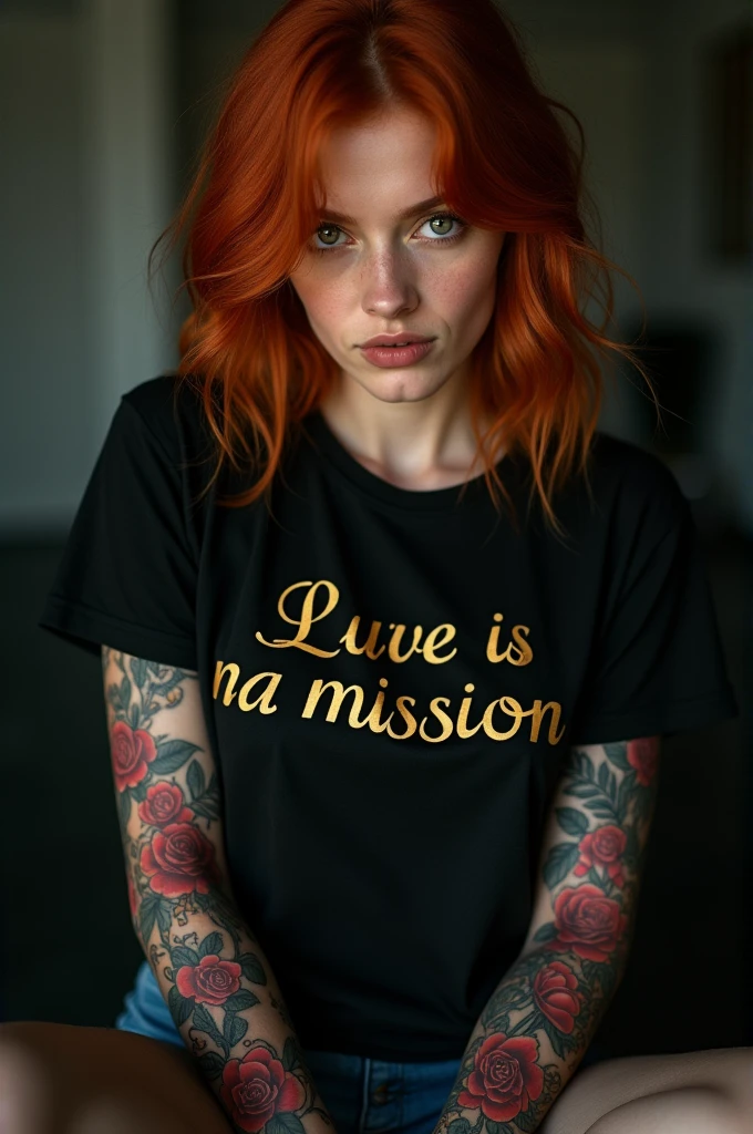 Realistic photo of beautiful red haired woman, with both arms covered in red rose tattoos, wearing a black t-shirt, written MISSION-VISION in golden yellow, he was standing in a dark room wearing only black underwear
