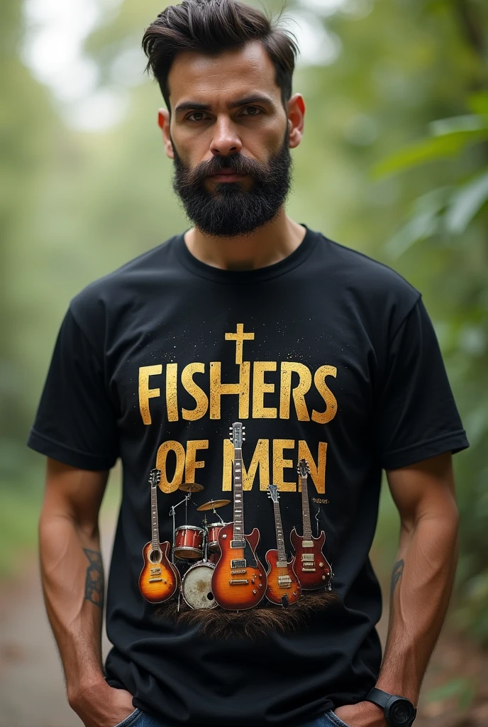 Man with black T-shirt with Fisher&#39;s of Men written on it and musical instruments on the shirt 