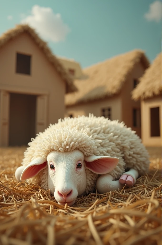 Image of a sick sheep lying on the farm full of cardboard