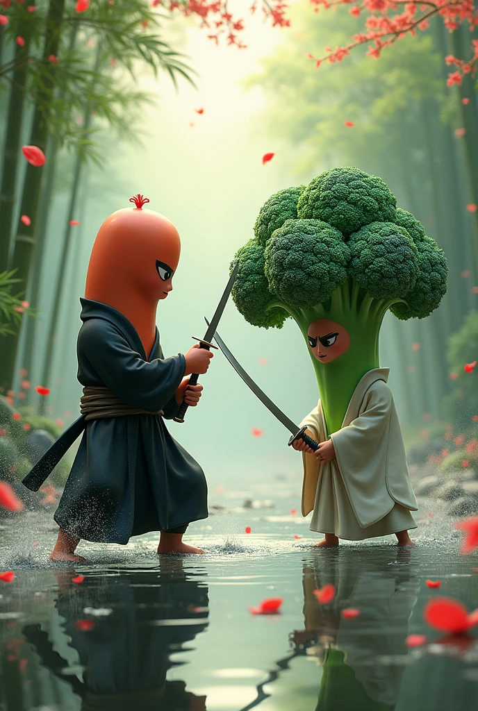 saucisse ninja qui combat des brocoli moine