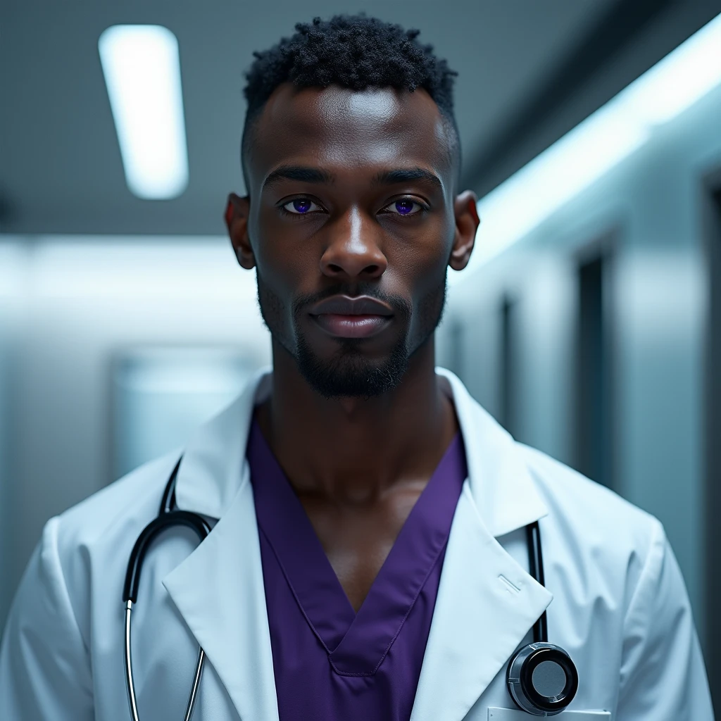 Photograph headshot of a very tall French-Nubian featured male model, short wavy:1.3 hair parted to the side hair, shaved, toned body, ebony skin, vibrant purple eyes, tall thin toned body. Gentle smile expression. Doctor coat, dark purple shirt, modern sci-fi hospital office.