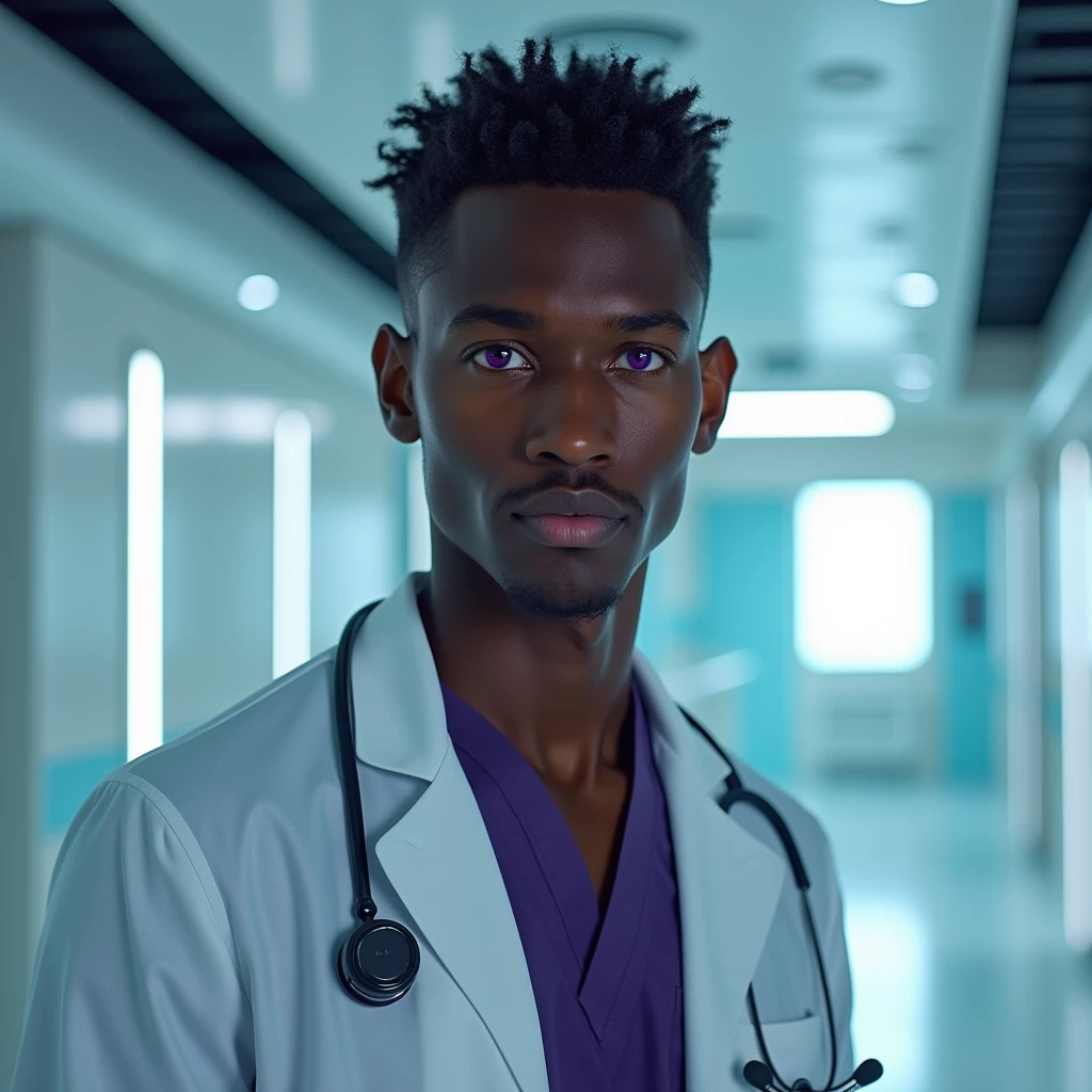 Photograph headshot of a very tall French-Nubian featured male model, short wavy:1.3 hair parted to the side hair, shaved, toned body, ebony skin, vibrant purple eyes, tall thin toned body. Gentle smile expression. Doctor coat, dark purple shirt, modern sci-fi hospital office.