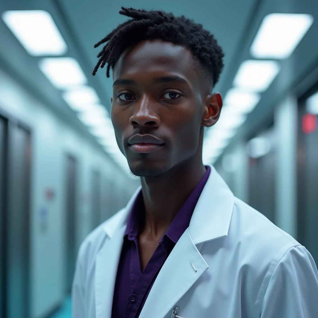 Photograph headshot of a very tall French-Nubian featured male model, short wavy:1.3 hair parted to the side hair, shaved, toned body, ebony skin, vibrant purple eyes, tall thin toned body. Gentle smile expression. Doctor coat, dark purple shirt, modern sci-fi hospital office.