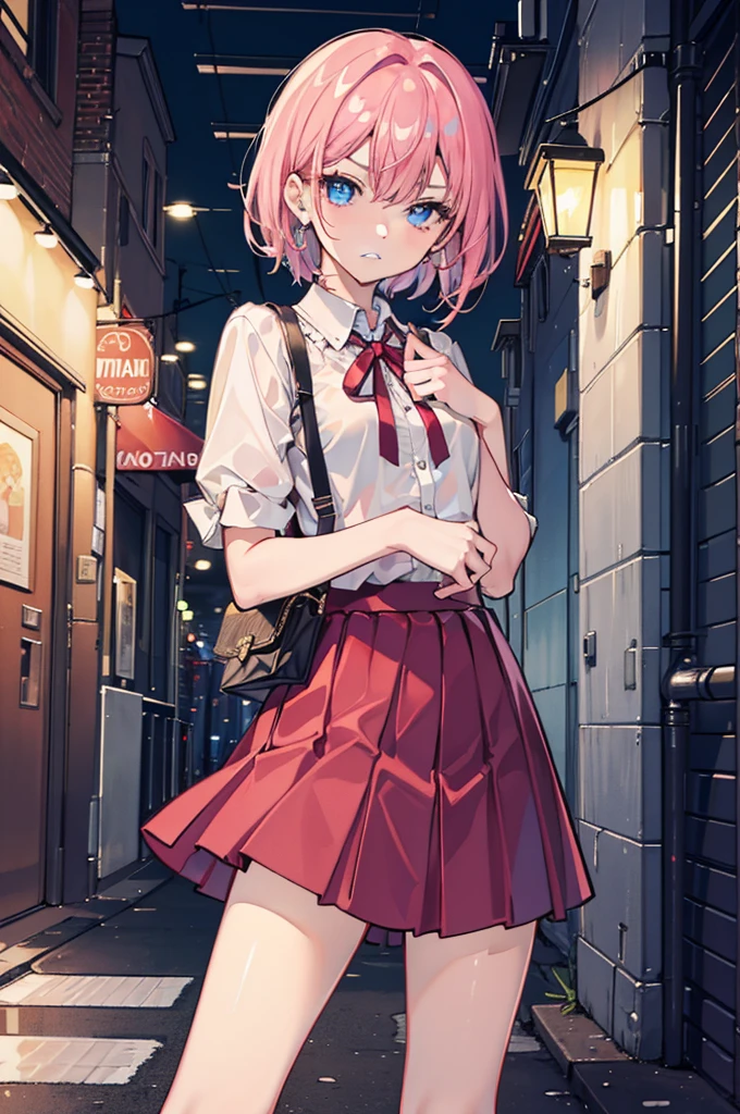 (best quality:1.2), (highest quality:1.2), (perfection:1.1), (flawless:1.1), urban street, 1girl, parted lips, clenched teeth, disgusted look, short height, blouse, skirt, (straight hair:1.1), small breasts, (best quality eyes:1.1), highly detailed, 8k, best quality resolution, (most beautiful upscale:1.1)
