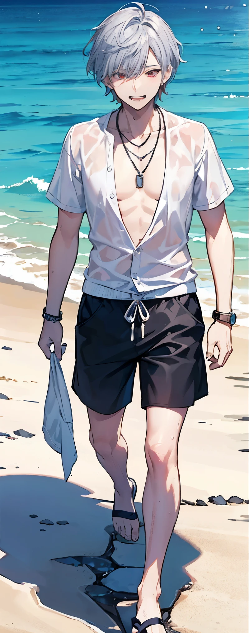 High resolution, High resolution,2D Anime Style,,Cool guy,mature,,20th Generation,short hair,Silver Hair,Wet Hair,hair band,Red eyes,Beautiful Watches,Beautiful earrings,Beautiful Necklace,Swimwear and shirt,He is laughing a little,noon,walk,Ocean,Topless,whole body