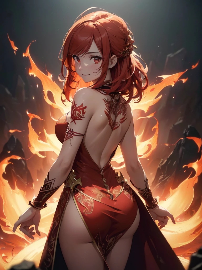 (((best quality, sharp image, clear image, cinematic lighting, 8k resolution, masterpiece, ultra detailed, intricate))) Girl, ((shot from behind)), ((close up)), look at viewer, fire mage, ((intricate background)), ((chaotic background)), red hair, smiling, ((flame runes, flame sigils)), (tatoo on back), slim figure, flying sigils, long dress, cute