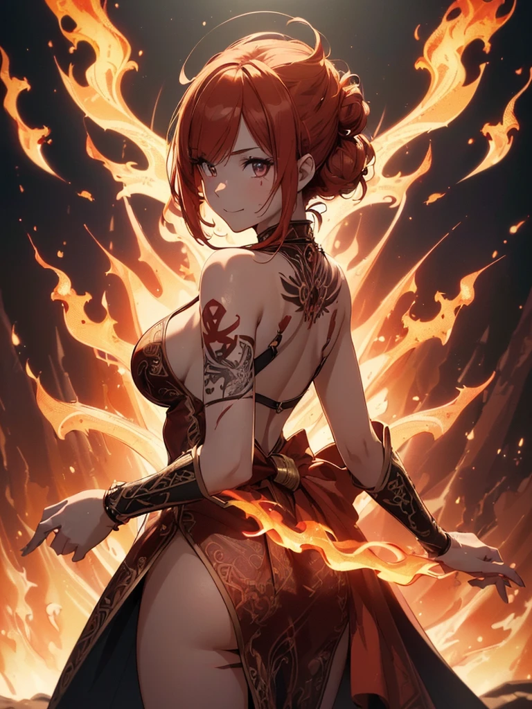 (((best quality, sharp image, clear image, cinematic lighting, 8k resolution, masterpiece, ultra detailed, intricate))) Girl, ((shot from behind)), ((close up)), look at viewer, fire mage, ((intricate background)), ((chaotic background)), red hair, smiling, ((flame runes, flame sigils)), (tatoo on back), slim figure, flying sigils, long dress, cute