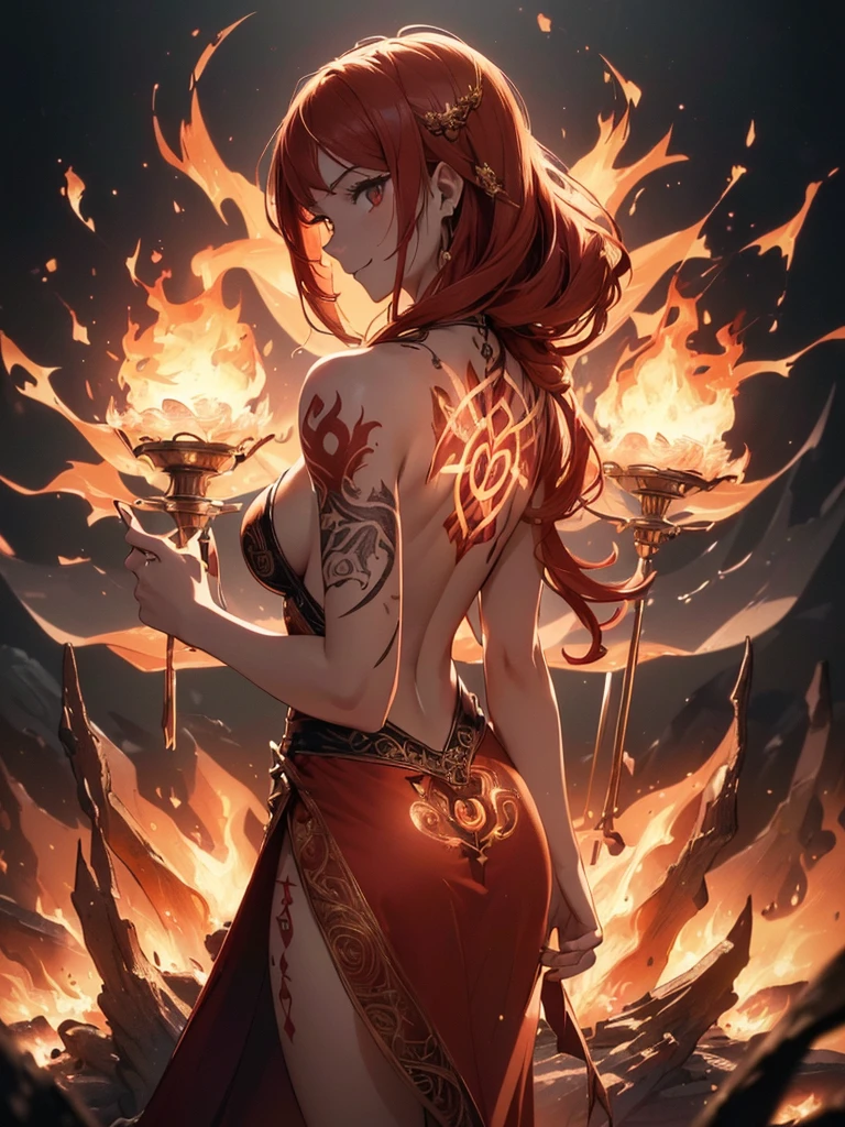 (((best quality, sharp image, clear image, cinematic lighting, 8k resolution, masterpiece, ultra detailed, intricate))) Girl, ((shot from behind)), ((close up)), look at viewer, fire mage, ((intricate background)), ((chaotic background)), red hair, smiling, ((flame runes, flame sigils)), (tatoo on back), slim figure, flying sigils, long dress, cute