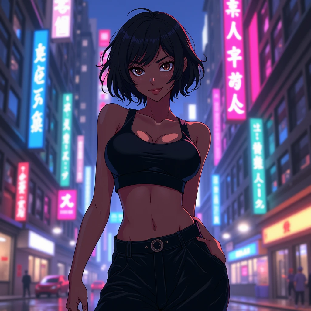 An anime character: A black woman with dark eyes and big breasts. Her hair is short and black. She wears a black top and black loose pants. Ao fundo, a cyberpunk setting with neons.